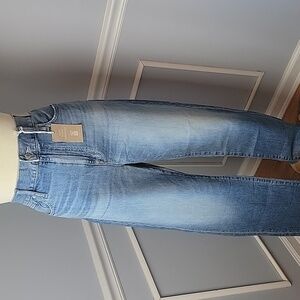POINT SUR X J.CREW High Rise Slim Boy Raw Hem Straight Leg Light Wash Cuff Jeans